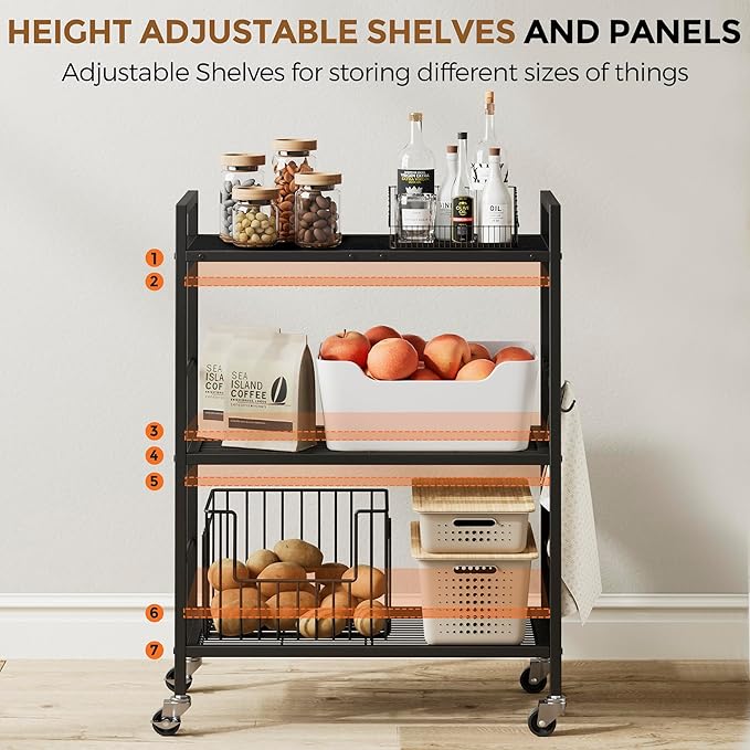XIVIRACK 3-Tier Metal Storage Rack with Industrial Wheels,Mesh Shelving Unit with Wooden Table top,Adjustable Shelf,23.6-Inch Width,15.8-Inch Depth, for Kitchen, Laundry,Pantry,Plant,Black panel