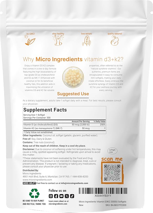 Micro Ingredients Vitamin D3 2,000 IU + K2 MK-7 50 mcg, 300 Softgels | Virgin Coconut Oil | 2-in-1 Bone, Immune & Heart Support | Easy to Swallow, Non-GMO