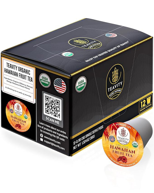 Organic Hibiscus Teapods with Peach, Mango, & Passionfruit - Naturally Decaffeinated Hawaiian Fruit Tea by Teavity (12 Tea Pods)