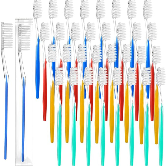 Patelai Disposable Toothbrushes Individually Wrapped Toothbrushes Medium Soft Bristle Tooth Brush Manual Disposable Travel Toothbrush Set for Adults Kids Travel Toiletries, 4 Colors (100 Pieces)
