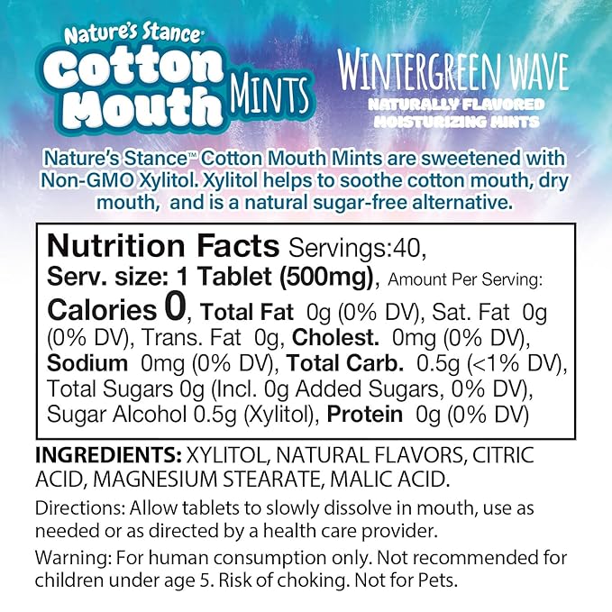 Nature's Stance Xylitol Mints for Cotton Mouth Relief, Dry Mouth Lozenges Sugar Free, Mouth Watering Mints - Stimulates Saliva & Freshens Breath, 40 Count (Wintergreen Wave)