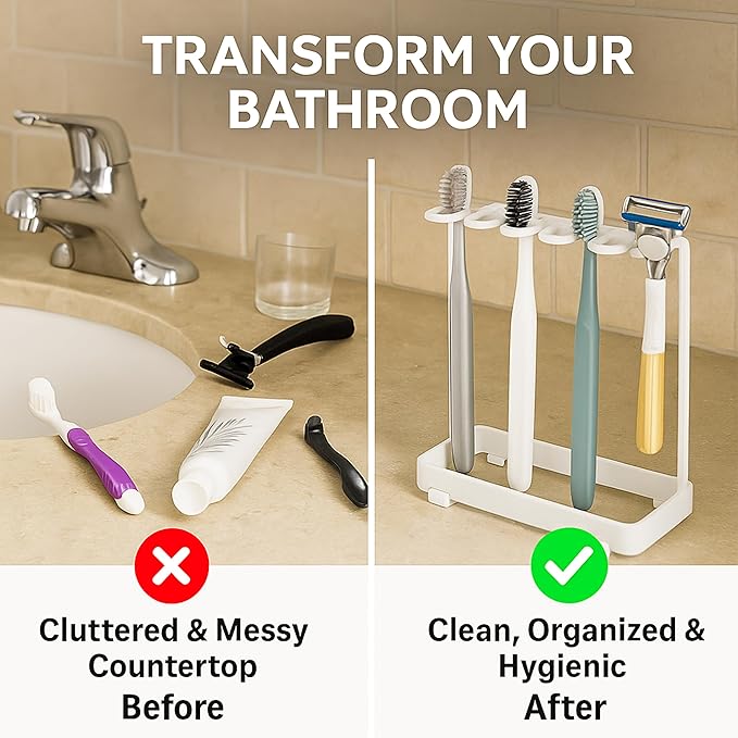 Stainless Countertop Toothbrush Holders Stand, Rustproof Bathroom Organizer with 5 Ventilated Slots to Hold Manual Toothbrushes and Razor, Metal Storage Collection for Family, Suitable for Home Vanity