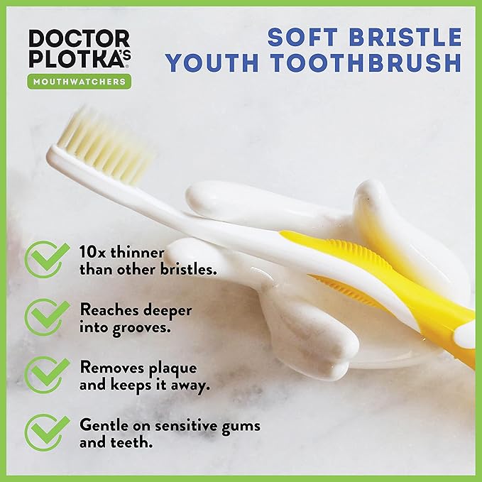 MOUTHWATCHERS Soft Childrens Flossing Manual Toothbrush, Set of 2, Pink and Yellow Toothbrushes for Kids & Teens, Ultra Clean, by Dr. Plotka's