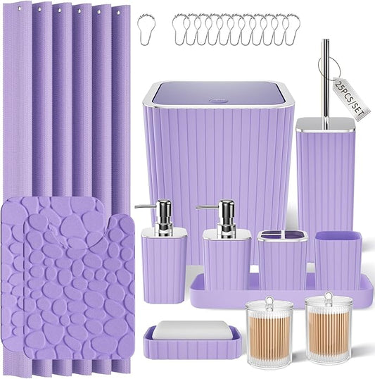 Bathroom Accessories Set - 25PC Bathroom Sets with Shower Curtain and Rugs, Purple Bathroom Accessories with Trash Can, Soap Dispenser, Soap Dish & Toilet Brush