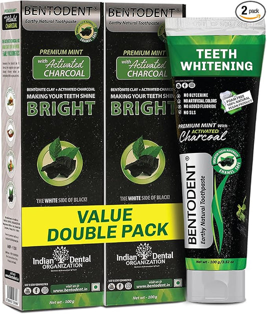 BENTODENT Teeth Whitening Bentonite Clay & Charcoal Toothpaste - Natural Teeth Whitening Charcoal toothpaste, No SLS & Fluoride free Charcoal toothpaste, Vegan (Activated Charcoal Mint Combo)