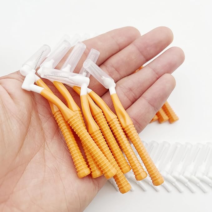 Interproximal Brush, Gum Interdental Brushes, L Angle Reusable Dental Cleaners, Disposable Oral Hygiene Brush, Toothpick Floss for Braces, Tooth Cleaning Tool (1.2mm Orange, Normal)