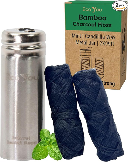 Charcoal Bamboo Floss | 2 Non Toxic Natural Floss Refill with Metal Container | Organic Mint & Candelilla Wax | Vegan & Biodegradable | Compatible w/Similar Dental Floss Silk Refill Containers