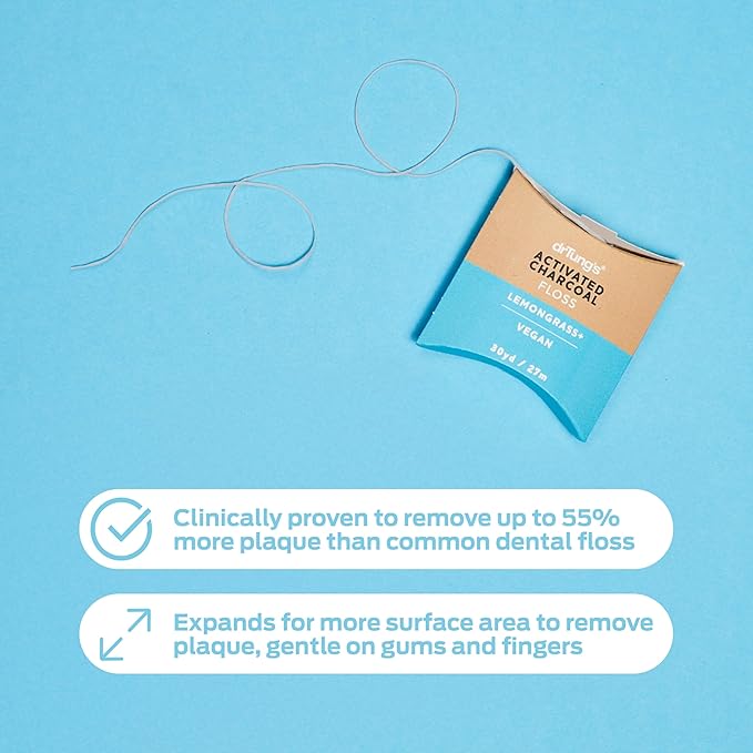 DrTung's Vegan Activated Charcoal Floss - Natural Dental Floss, PTFE & PFAS Free, Gentle on Gums, Expands & Stretches, BPA Free - Lemongrass Flavor (Pack of 2)