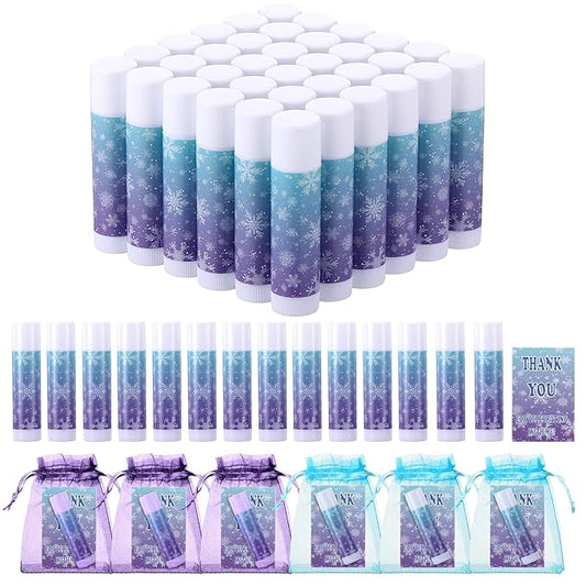 36 Set Snowflake Party Favor Winter Blue Purple Snowflake Lip Balm Thank You Tag Organza Bag Winter Wonderland Ice Snow Gift for Christmas Holiday Birthday Party Supplies Goodie Bag Decoration