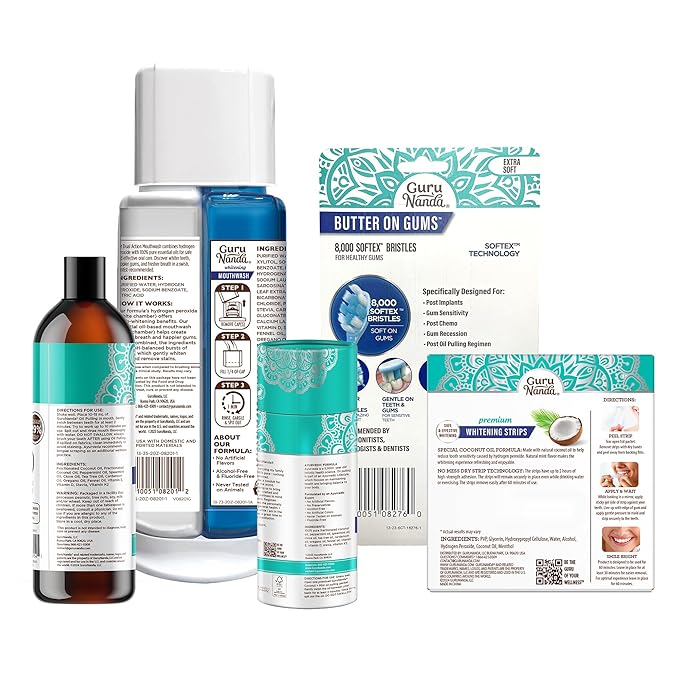 GuruNanda Total Smile Makeover Kit Regular with Cocomint Oil Pulling, Dual Barrel Whitening Mouthwash, Whitening Strips & Butter on Gums Toothbrushes