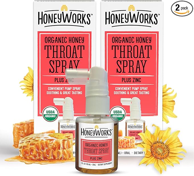 HoneyWorks Adult Throat Spray for Sore Throat Relief, 1 Oz (Pack of 2) Soothing Non-GMO USDA Organic Dark Honey + Zinc, Fast Relief, Ages 12 Years+