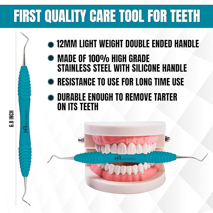 Professional Dental Tools Tartar Scraper for Dentist, Personal and Pets Use Plaque Remover with Comfortable Grip, Double Ended Silicon Grip Scaler 204S (Aqua)
