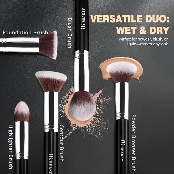 BEAKEY Makeup Brushes Set, Professional Foundation Eyeshadow Concealer Blush Powder Bronzer Applicator, 2 Blender Sponge with Beauty Paper Case stocking stuffers for women