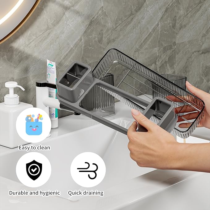 Toothbrush Holder for Bathrooms, 2 Cups Toothbrush Organizer for Bathroom Countertop, Toothbrush Holder Toothbrush Storage for Shower, Tooth Brushing Holder Cup Tray and Toothpaste Caddy Black