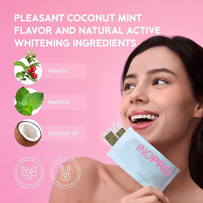 InoPro Teeth Whitening Strips 14 Treatments Kit - Teeth Whitener, Peroxide Free, Green White Strips for Teeth Whitening with Arbutin, Coconut Oil, Deep Stains Removal (28 Strips)