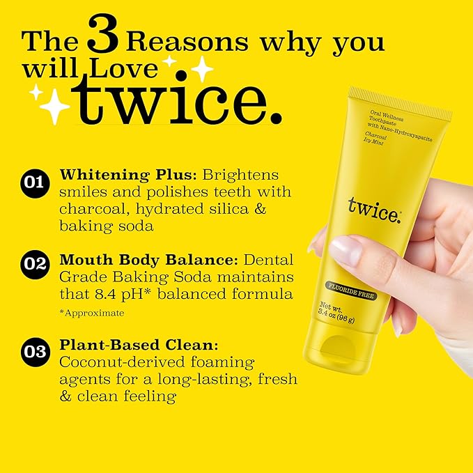 Twice Twice Oral Wellness Toothpaste - Nano-Hydroxyapatite, Fluoride-Free Toothpaste, Helps Remineralize Teeth, Freshens Breath & Whitens Teeth – SLS-Free, Charcoal ICY Mint – 3.4 oz