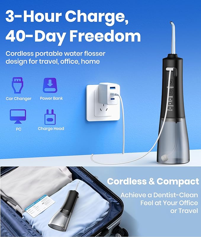 Water Flosser, 300ML Portable Cordless Water Dental Flossers for Teeth Deep Cleaning, IPX7 Waterproof Rechargeable Electric Oral Irrigator Teeth Pick for Travel Home Use and Braces Care (Black)