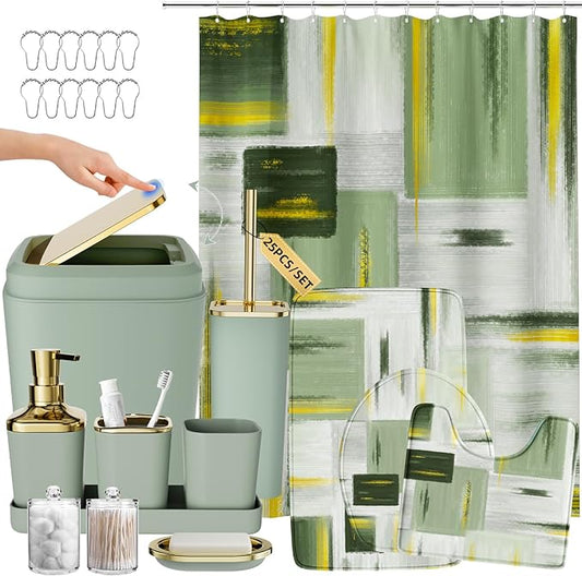 Bathroom Accessories Set - 25PC Bathroom Set with Shower Curtain and Rugs, Sage Green Bathroom Set, Bathroom Accessory Set with Press-on Lid Trash Can, Soap Dispenser and Qtip Holders