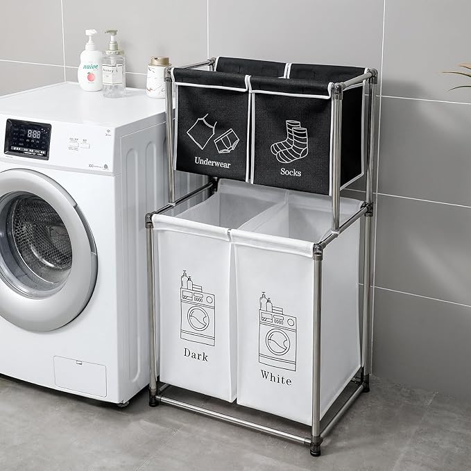 2-3 Tier Laundry Hamper with Removable Fabric Bins, Freestanding Laundry Sorter Organizer with Hooks, Foldable Sorting Basket for Bedroom, Bathroom & Dorm (2-Tier 2)