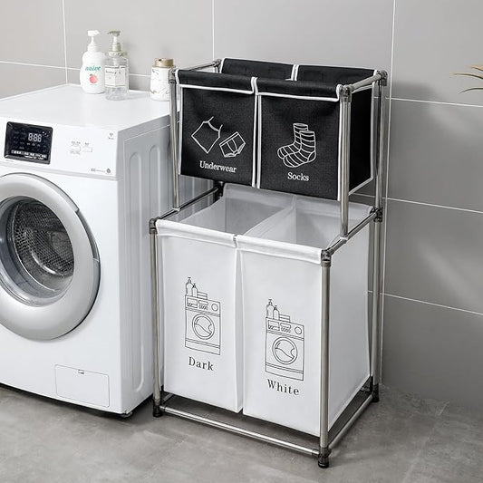 2-3 Tier Laundry Hamper with Removable Fabric Bins, Freestanding Laundry Sorter Organizer with Hooks, Foldable Sorting Basket for Bedroom, Bathroom & Dorm (2-Tier 2)