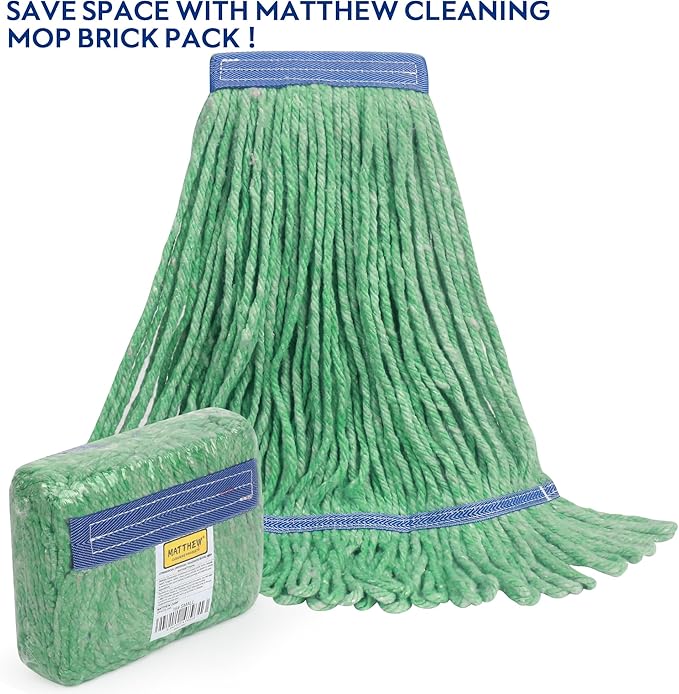 Matthew Cleaning Heavy Duty Mop Head Commercial Replacement for General and Floor Cleaning , Wet Industrial Blue Cotton Looped End String Head Refill (Pack of 6) Green