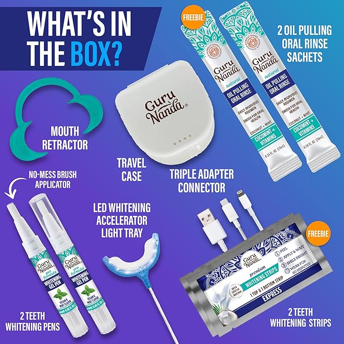 GuruNanda Premium Teeth Whitening Kit with Wired LED Light & Whitening Pen, Works with iPhone & Android, Helps Remove Surface Stains from Coffee, Food, Soda