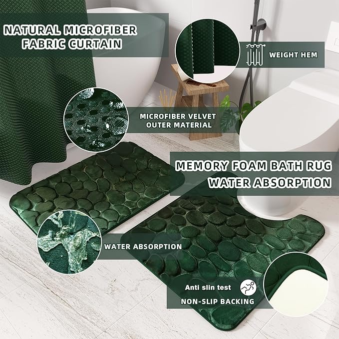 Bathroom Set- 25PC Green Bathroom Sets, Bathroom Set with Shower Curtain and Rugs, Dark Green Shower Curtain Set, Bathroom Accessories Set, Bathroom Trash Can