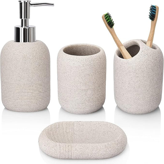 L'ARL GMVOI Bathroom Accessory Set,4 Piece Bathroom Decor Accessories Sets with Lotion Soap Dispenser,Toothbrush Holder,Bathroom Tumbler,Soap Dish for Bathroom Vanity Countertop Accessories,Beige