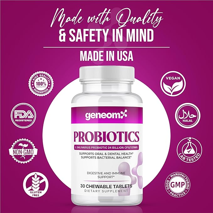Probiotics L. Salivarius 24 Billion CFU – Supports Oral, Digestive & Immune Health – Chewable Tablets for Better Gut Health, Bacterial Balance, Non-GMO, Gluten Free, Vegan – 30 Count
