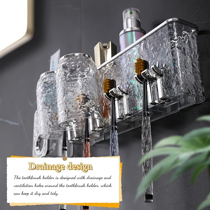 Toothbrush Holders Combo Set for Bathroom，2 Cups Toothbrush Holder Wall Mounted with Organizer，Gift 2 Count Ultra Fine Soft Bristle Crystal Tooth Brush and Wall Mounted Toothpaste Squeezer