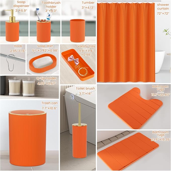 Orange Bathroom Accessories Set - Bathroom Sets, 25PC Bath Accessory Set, Bathroom Sets with Push Top Trash Can, Shower Curtain and Rugs, Toilet Brush, Trash Can & Soap Dispenser