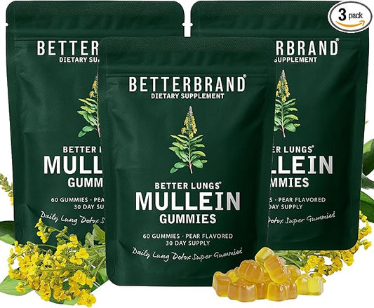 Betterbrand Mullein Chewable Gummies for Lung Cleanse and Detox, Respiratory Health Supplement, 1000mg Mullein Extract per Serving, 180 Gummies - 90 Day Supply - Pear Flavored