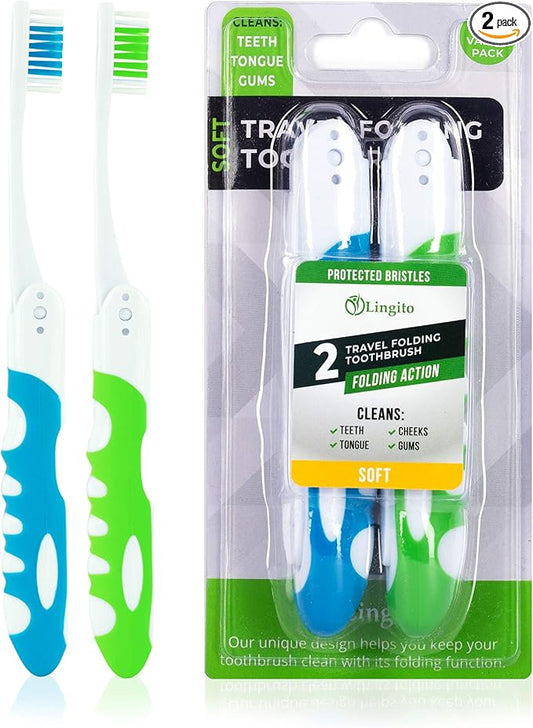 Blue-Green Travel Toothbrush Kit (2 Pack-Soft) - Portable, Folding, Collapsible, Built-in Cover, Perfect for Hiking, Camping, and Traveling