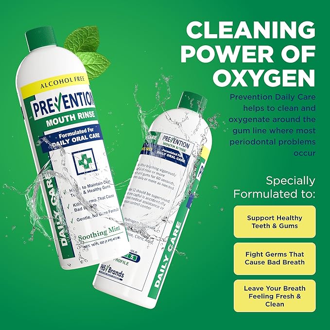 Prevention Daily Care Alcohol-Free Mouthwash, Hydrogen Peroxide Teeth Whitening with Soothing Fresh Mint for Bad Breath Treatment, Fluoride-Free Gum Care Oral Mouth Rinse 16 oz 4 Pack