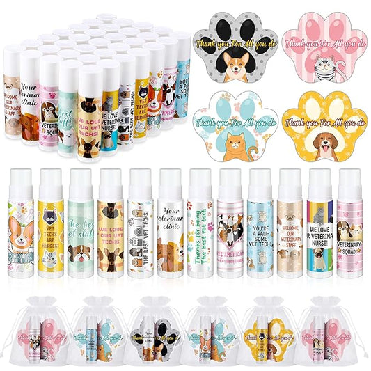 36 Sets Vet Tech Gift Animal Lip Balm Thank You Tag Organza Bag Veterinarian Appreciation Gifts Vet Tech Week Gift for Veterinary Technologist Nurse Valentine's Day Birthday Supplies