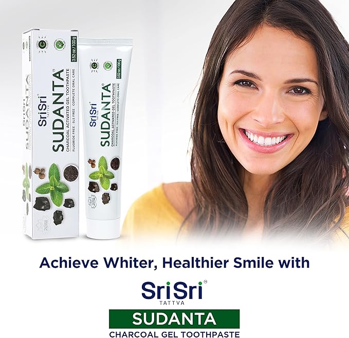 Sri Sri Tattva Sudanta Charcoal Toothpaste Gel – SLS, Fluoride Free Herbal Toothpaste with Neem & Ayurvedic Herbs – Natural Teeth Whitening, Fresh Breath, Oral & Gum Health – 100g Tube (Pack of 3)