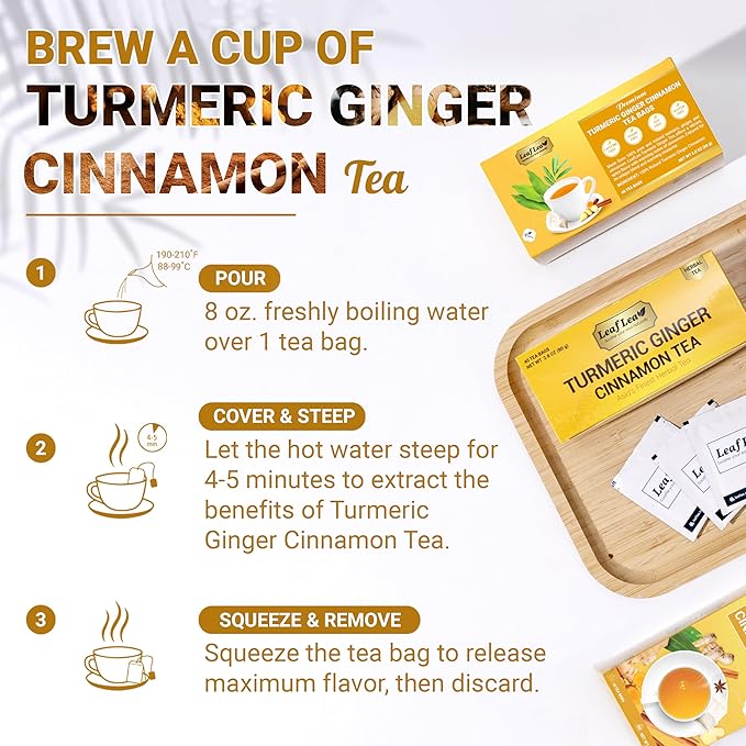 LeafLea Turmeric Tea with Ginger and Cinnamon, 80 Premium Turmeric Ginger Tea Bags, Supports Immune Health & Digestion, 100% Natural & Pure Blend Herbal Tea, Caffeine-Free, No Sugar, Vegan