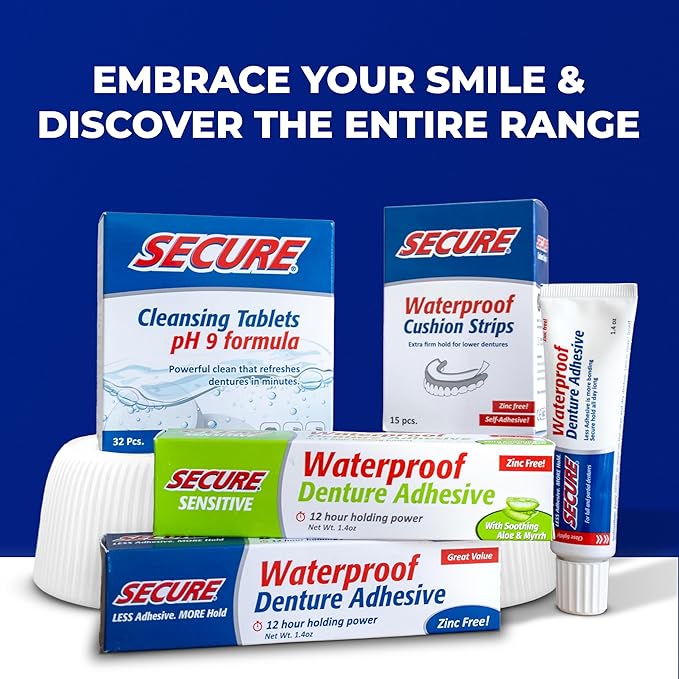Secure Waterproof Denture Adhesive - Zinc Free - Extra Strong Hold For Upper, Lower or Partials - 1.4 oz (Pack of 8)