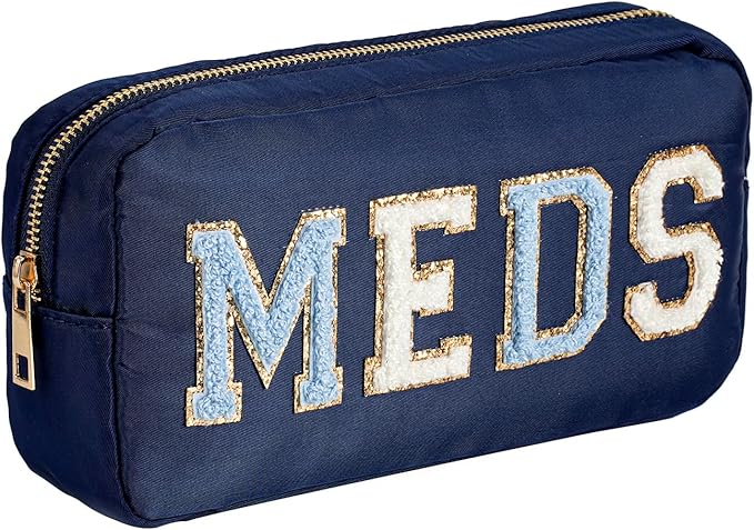 uekeboag Personalized Chenille Letter Patch MEDS Bag,Cute Nylon Drug Medicine Travel Makeup Bag with Zipper, Preppy Vitamin Organizer Bag for Women and Girls (04 Navy)