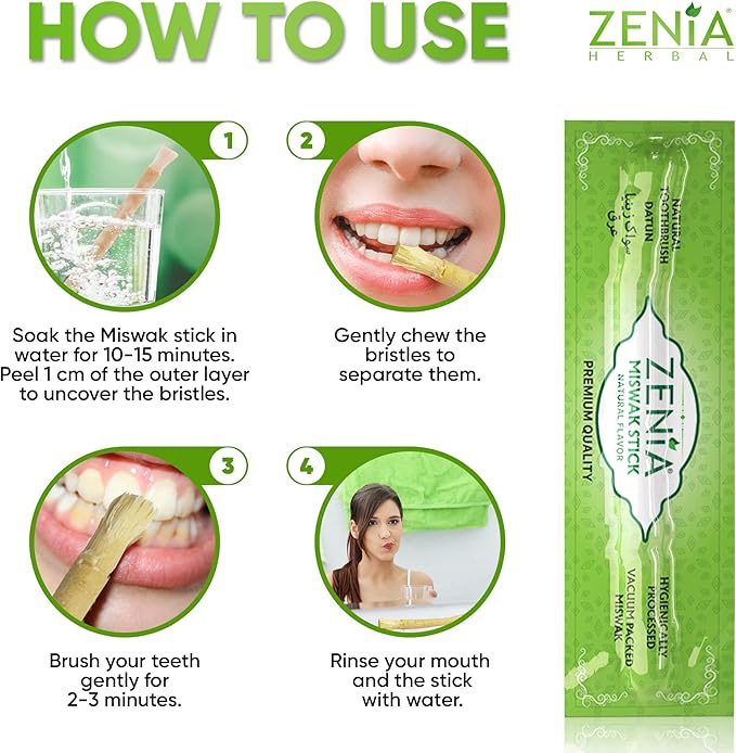 Zenia Sewak Natural Miswak Toothbrush - Vacuum Sealed Natural Flavor Traditional Peelu Toothbrush Stick - for Healthy Gums, Teeth, and Fresher Breath (Pack of 3)
