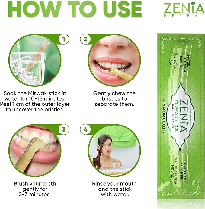 Zenia Sewak Natural Miswak Toothbrush - Vacuum Sealed Natural Flavor Traditional Peelu Toothbrush Stick - for Healthy Gums, Teeth, and Fresher Breath (Pack of 12)