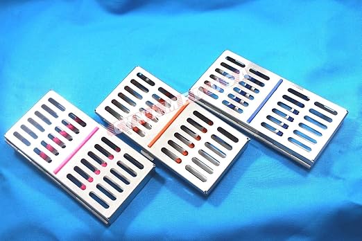 German Stainless 3 Dental Sterilization Cassette Rack Tray Box for 7 Surgical Instruments Set of 3 Colored