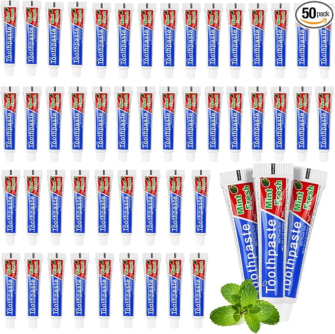 HOIQIRY 0.28 oz Small Travel Size Toothpast Bulk - Pack of 50,Disposable Mint Flavor 0.8x3.14 inches Single Use Mini Toothpaste for Hotel,Camping,Homeless,Charity,Guests,Office,Vacation