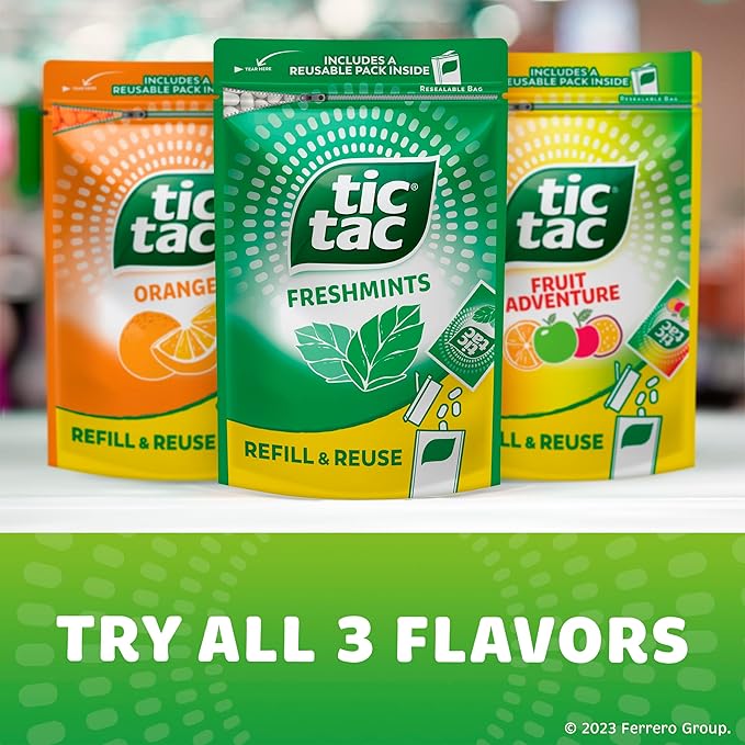 Tic Tac Bulk Resealable Refill Bag, Freshmint Breath Mints, On-The-Go Refreshment, Includes Empty Refillable Pack, 17.2 oz