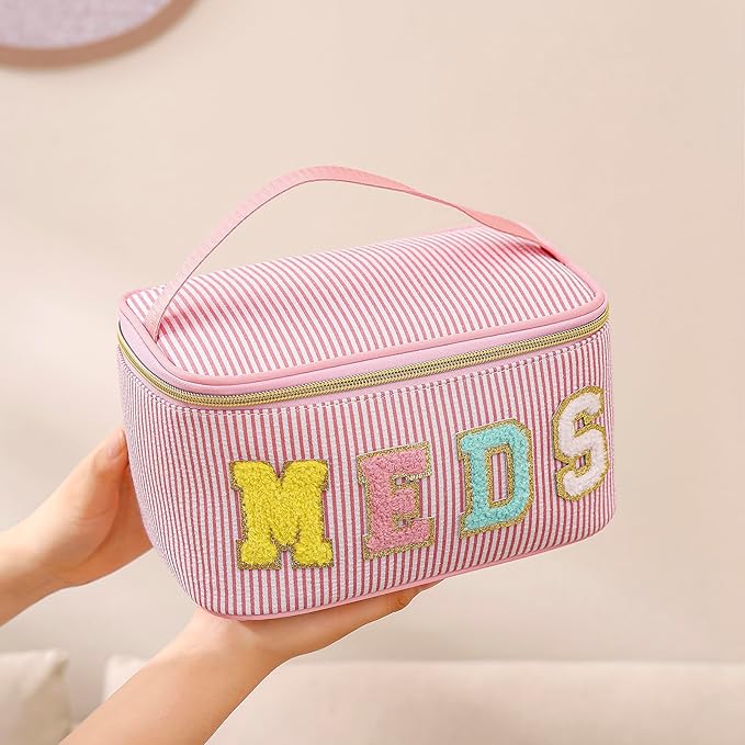 uekeboag Personalized Chenille Letter Seersucker MEDS Makeup Bag,Large Size Medicine RX Cosmetic Bag with Top Handle, First Aid Travel Organizer Bag for Women Girls(05Pink)