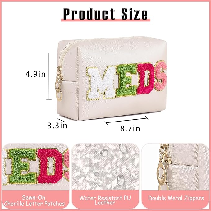 Cute Chenille Letter Patch Medicine Makeup Bag, PU Leather Waterproof MEDS Cosmetic Bag with Zipper, Travel Toiletry MEDS Pouch, Daily Use Portable Organizer Makeup Bag (01Beige Bag)
