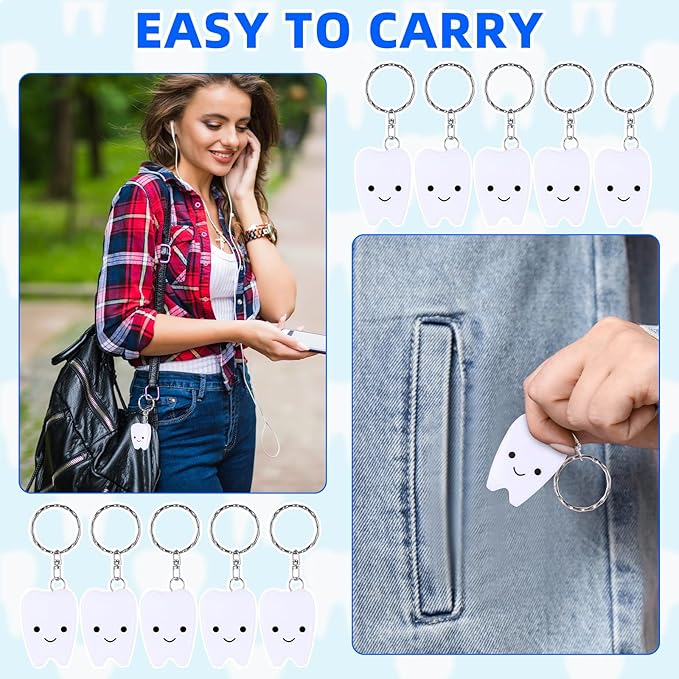 Landical 48 Pcs Mini Dental Floss Keychain Bulk Tooth Shaped Portable Teeth Floss Cleaning for Homeless Party Favors Travel Donated Gifts Teeth Cleaning Oral Care Mint Flavor 15 M /16. 4 Yard