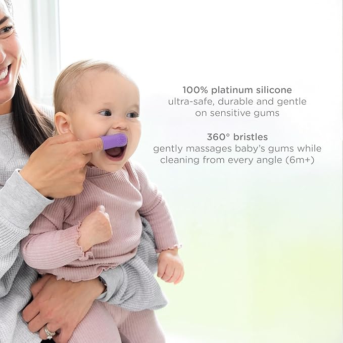 Ubbi Grow with Me Toothbrush Training Set for Babies and Toddlers, Includes Silicone Finger Brush, 360° and Soft Bristled Toothbrush, Smoothie Purple