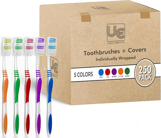 Urban Essentials Bulk Toothbrush Package with Covers | Premium Quality Individually Wrapped Colorful Tooth Brushes | Medium Soft Toothbrush Hygienic Cap for Donations, Travel, Hotels (250 Pack)