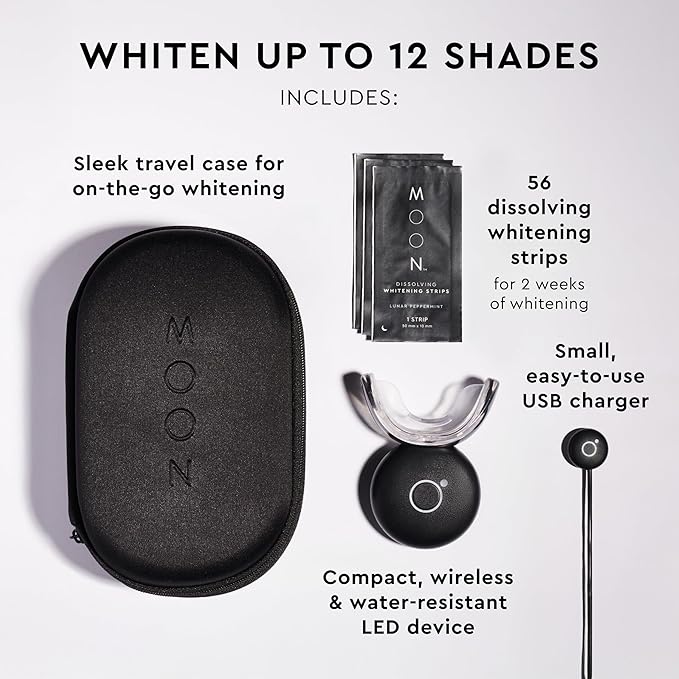 MOON Teeth Whitening Kit, LED Light Teeth Whitener Device, 56 White Strips, USB Charger & Travel Case, Blue Light Whitening Tray Removes Stains & Whitens Up to 12 Shades in 2 Weeks (4 Piece Kit)